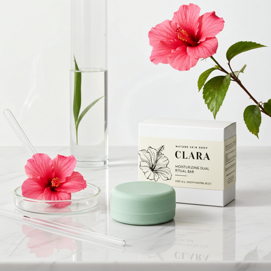 Clara skincare product with pink flowers on a white background