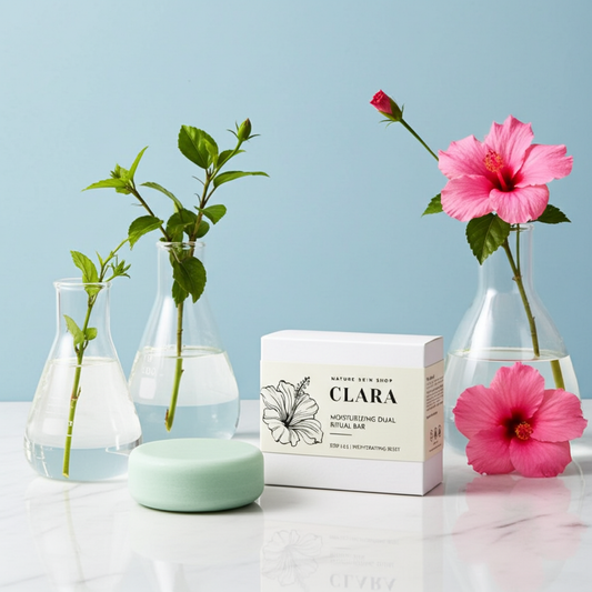 Clara skincare product with vases containing plants and flowers on a light blue background