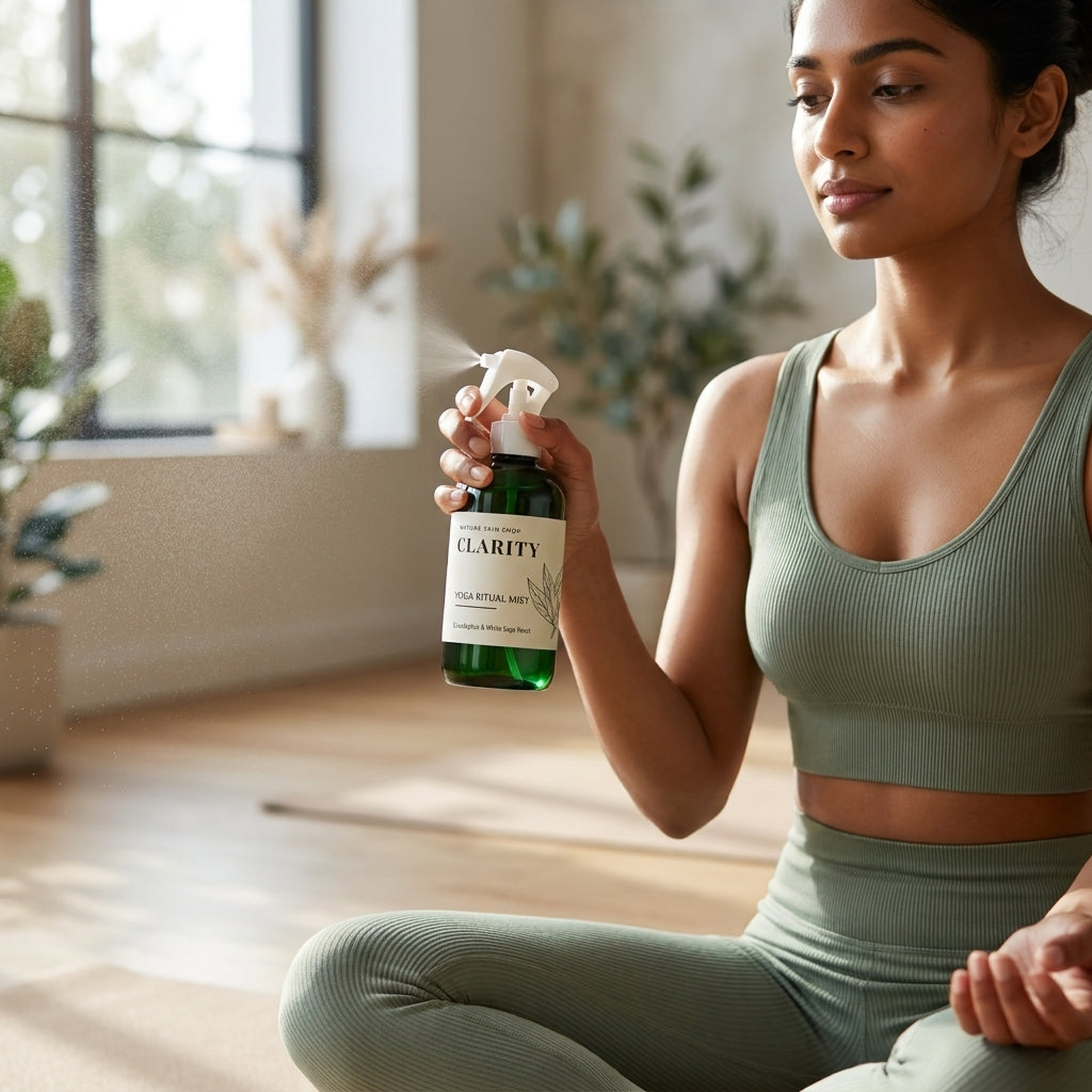 Woman in green athletic wear holding a bottle labeled 'Clarity' in a bright room with plants.