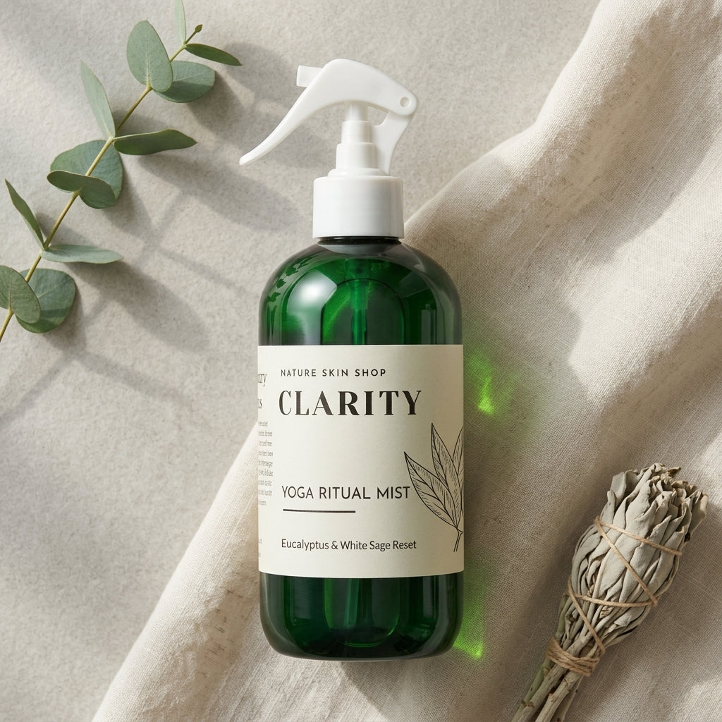 Green bottle labeled 'Clarity' with a white label on a beige fabric background with eucalyptus leaves and sage.