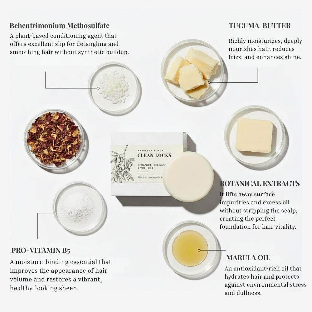 Ingredients used in a hair care product with text descriptions on a white background
