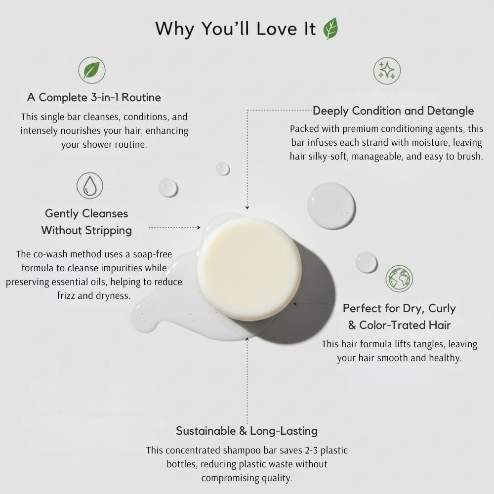 Bar of soap with text detailing its benefits on a white background