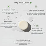 Bar of soap with text detailing its benefits on a white background