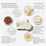 Ingredients used in a hair care product with text descriptions on a white background