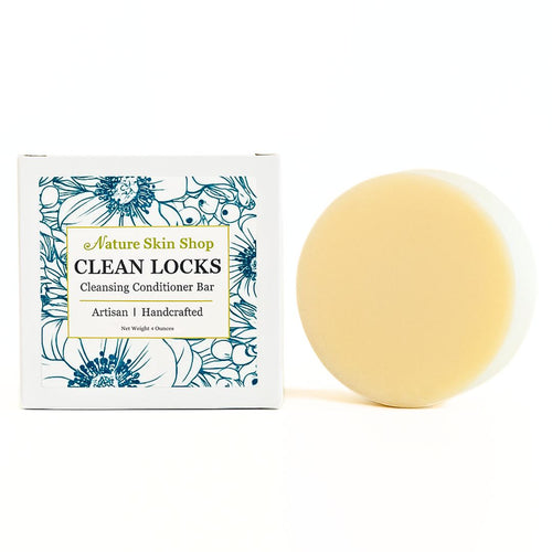 Cleansing conditioner bar with packaging labeled 'Nature Skin Shop Clean Locks' on a white background