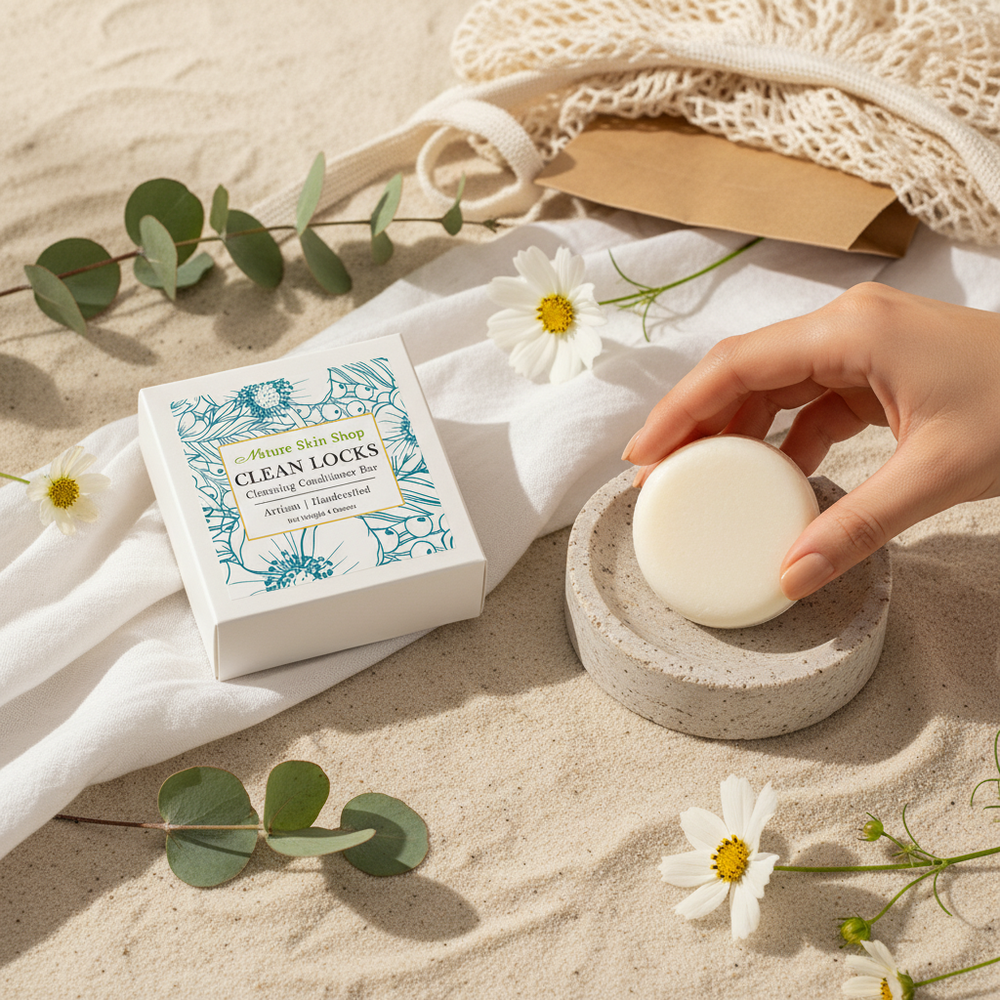 Hand holding a bar of soap next to a box labeled 'Clean Locks' on a sandy surface with flowers and leaves.