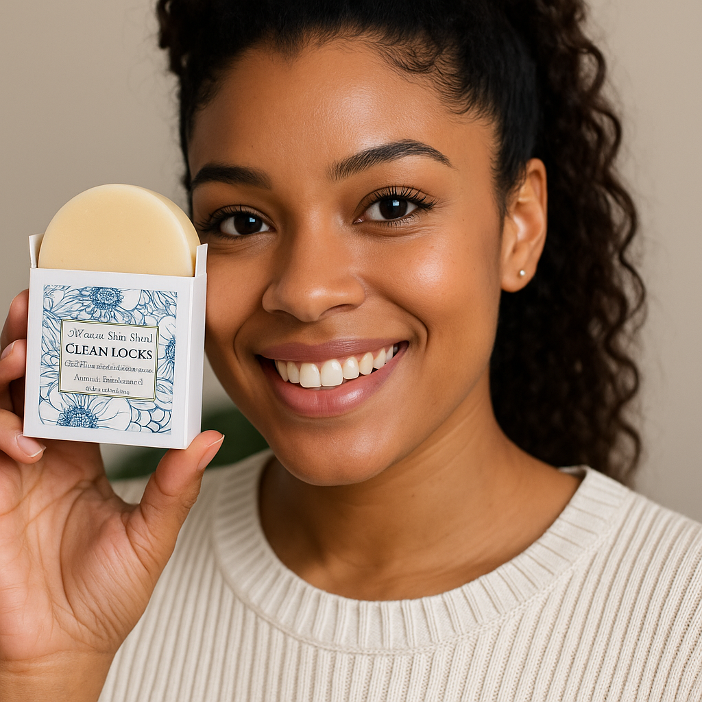 Woman holding a bar of soap in a box with a label, smiling at the camera.