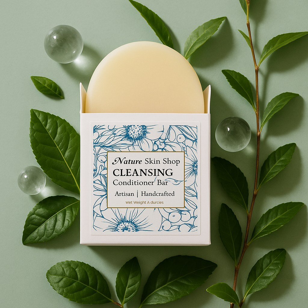 Cleansing Conditioner Bar from Nature Skin Shop with packaging on a green background with leaves and crystals.