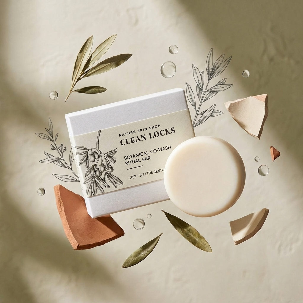 Bar of soap with packaging and decorative elements on a beige background