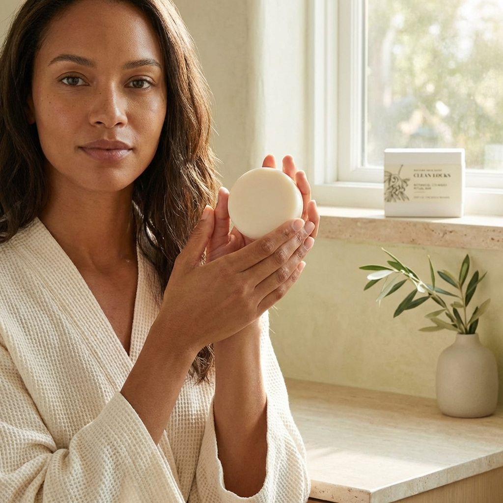 Woman holding a white round object in a bright room with a plant and box in the background