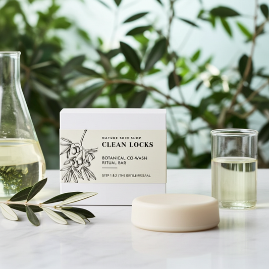 Clean Locks botanical co-wash ritual bar with packaging, glass, and olive branch on a blurred green background