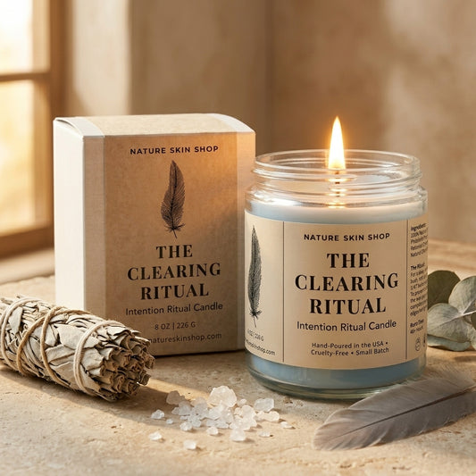 Nature Skin Shop 'The Clearing Ritual' candle with packaging, smudge stick, and feather on a wooden surface.