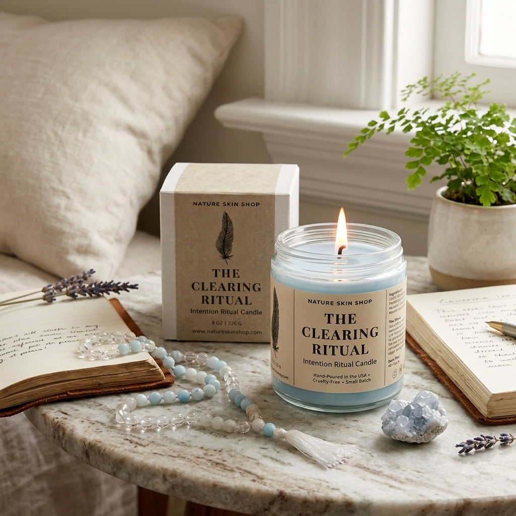 Candle labeled 'The Clearing Ritual' on a table with books, a plant, and crystals.