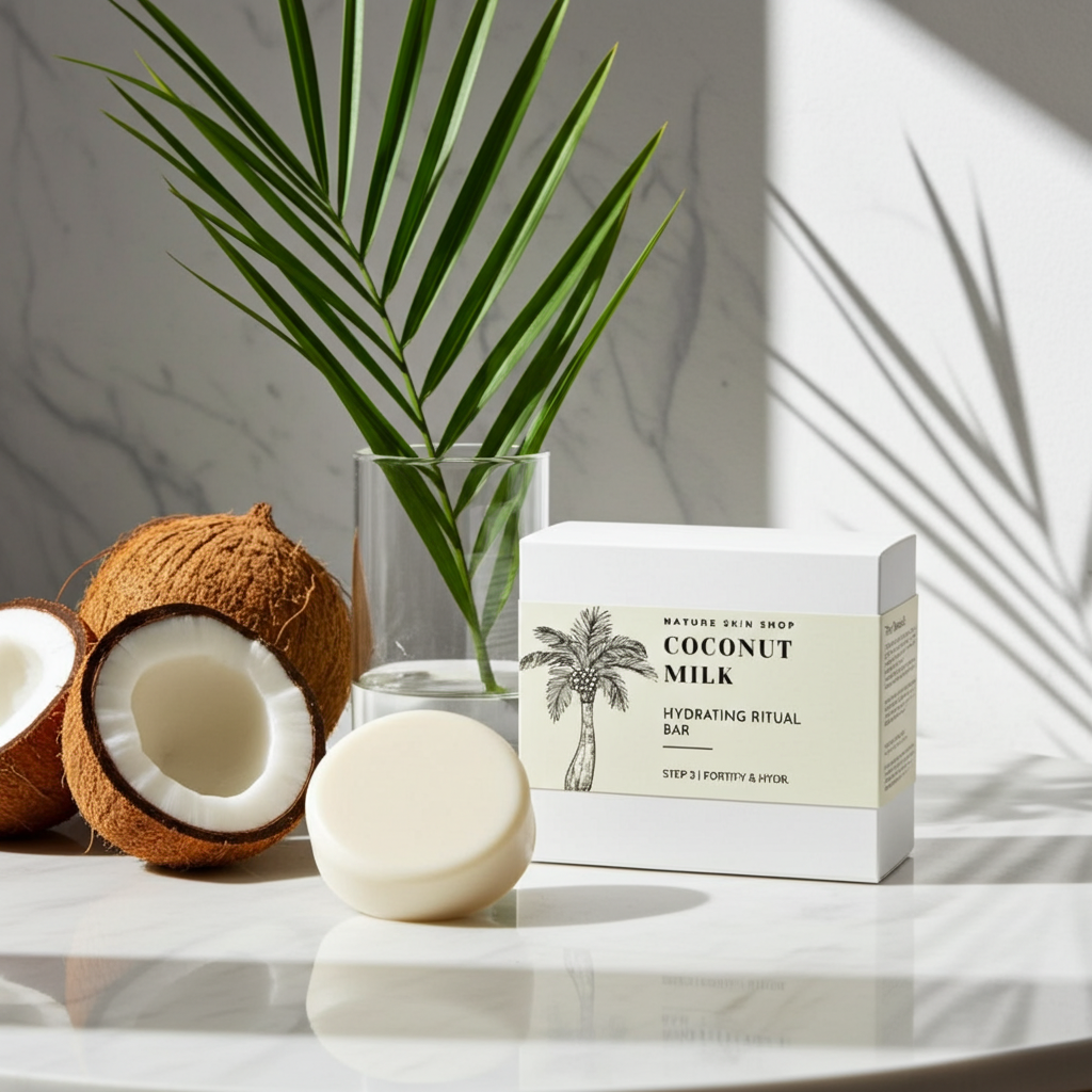 Coconut milk soap bar with packaging and coconuts on a marble surface with a plant in the background.