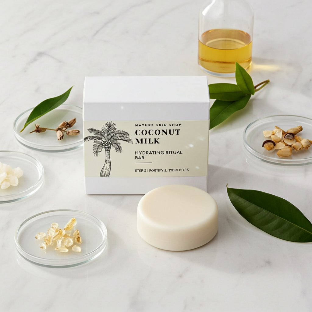 Coconut milk soap bar with packaging on a marble surface with leaves and oil.