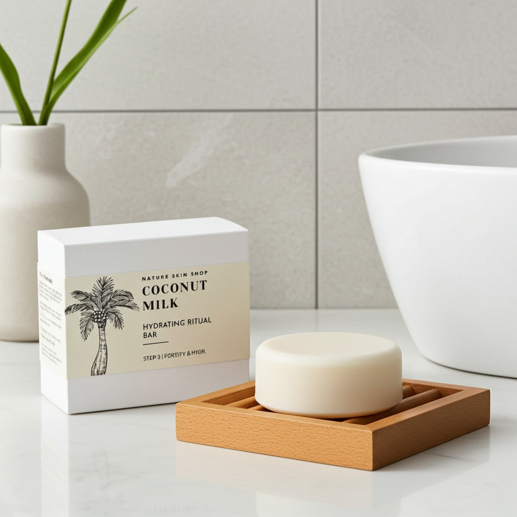 Coconut milk soap bar on a wooden dish with packaging in a bathroom setting