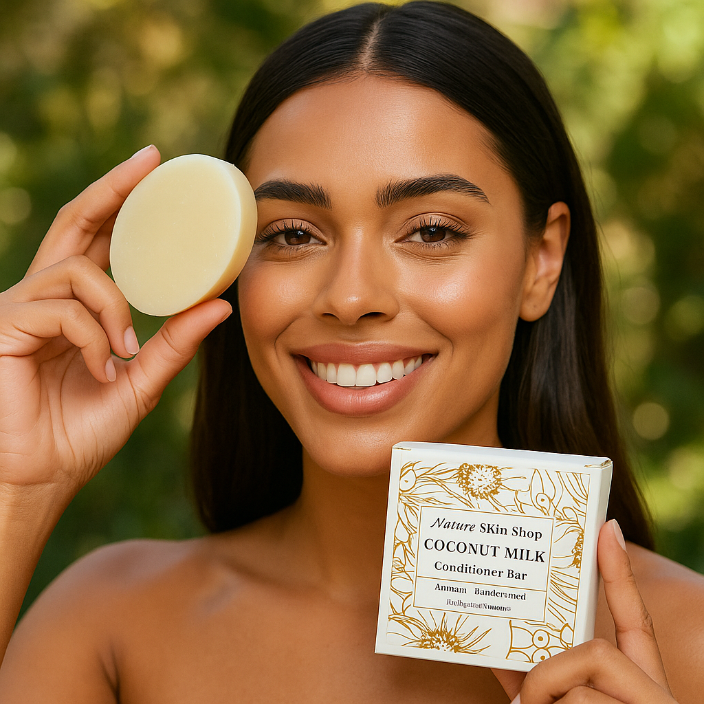 Woman holding a coconut milk conditioner bar and its packaging with a green blurred background