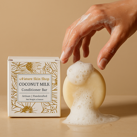 Coconut milk conditioner bar with packaging and a hand holding it on a beige background