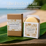 Coconut milk shampoo bar and conditioner bar packaging with green leaves in the background