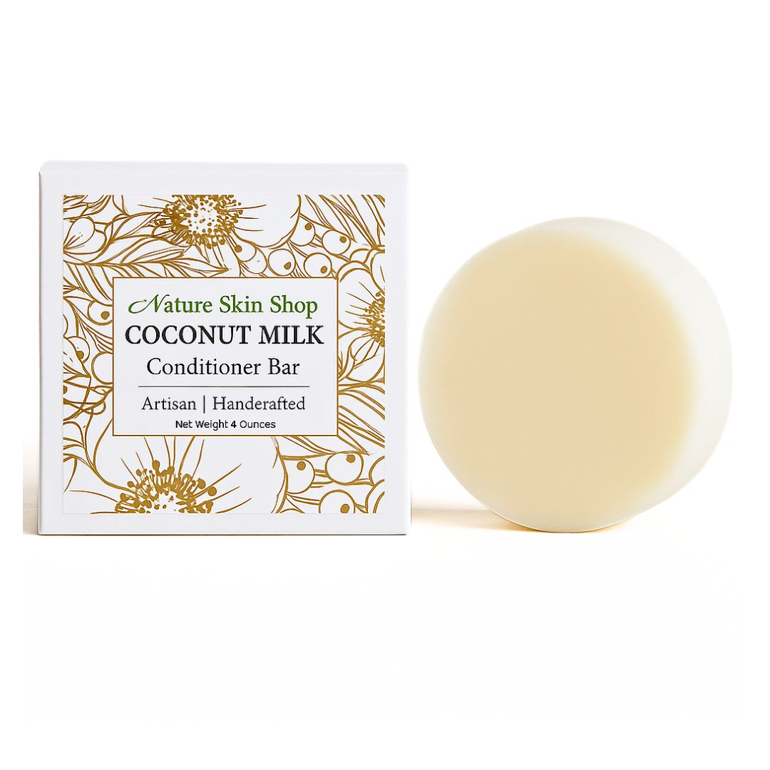 Coconut milk conditioner bar with packaging from Nature Skin Shop on a white background