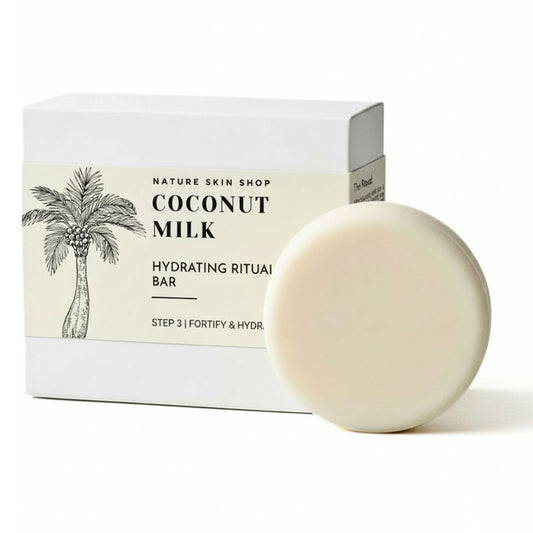 Coconut milk hydrating ritual bar with packaging on a white background