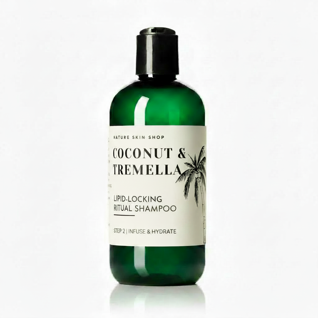 Green shampoo bottle with label on a white background