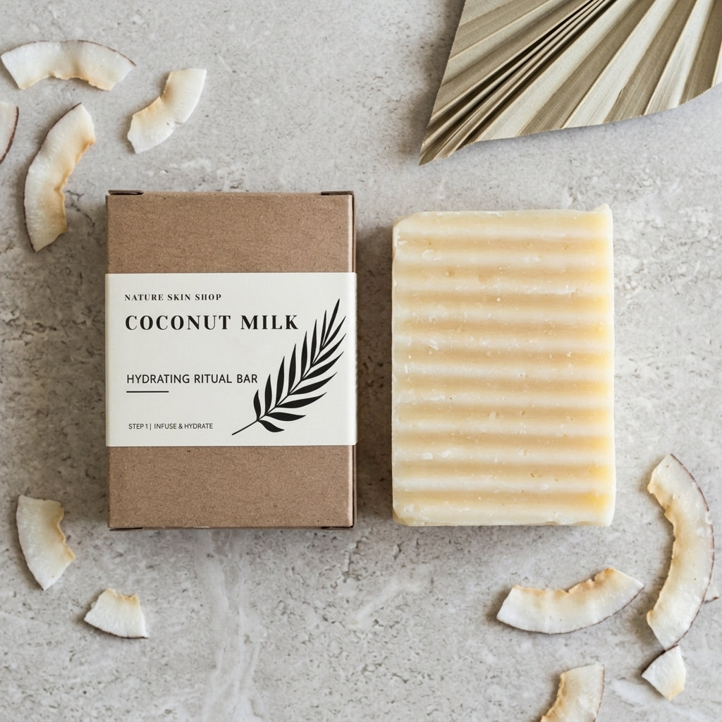 Coconut milk soap bar and packaging on a textured surface with coconut pieces.