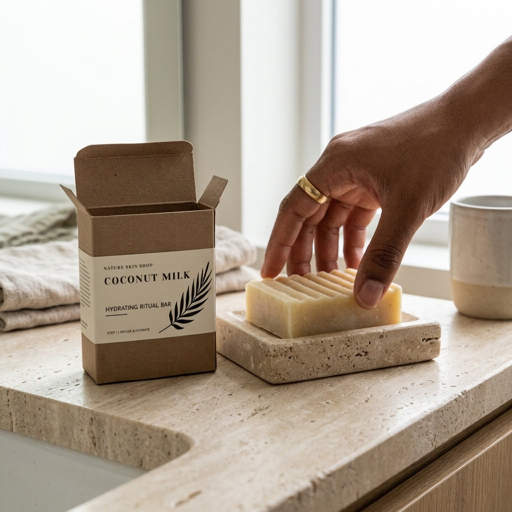 Hand reaching for a bar of soap next to a box labeled 'Coconut Milk' on a countertop.