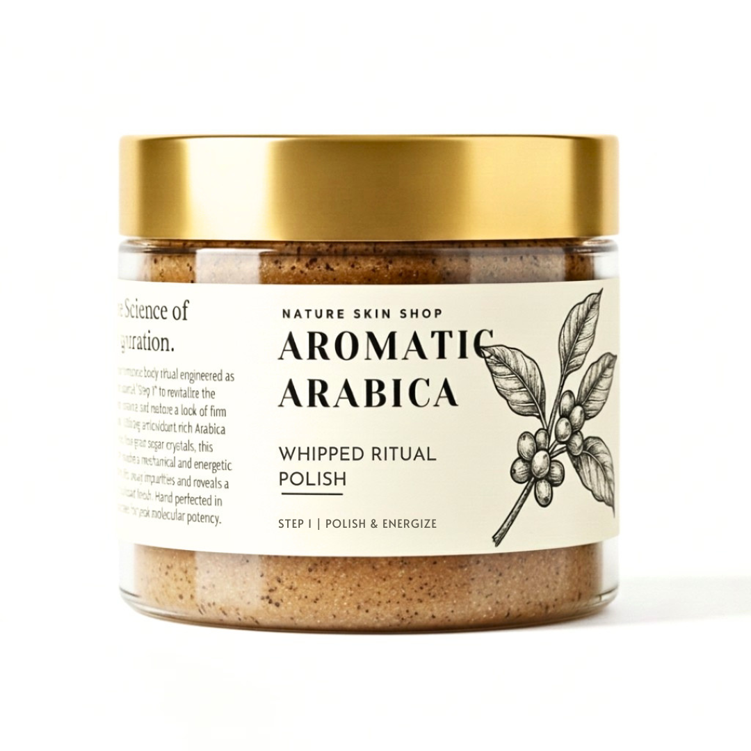 Jar of Aromatic Arabica whipped ritual polish with a gold lid on a white background