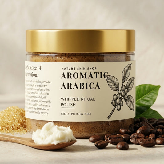 Jar of Aromatic Arabica whipped ritual polish with coffee beans and a spoonful of product on a neutral background