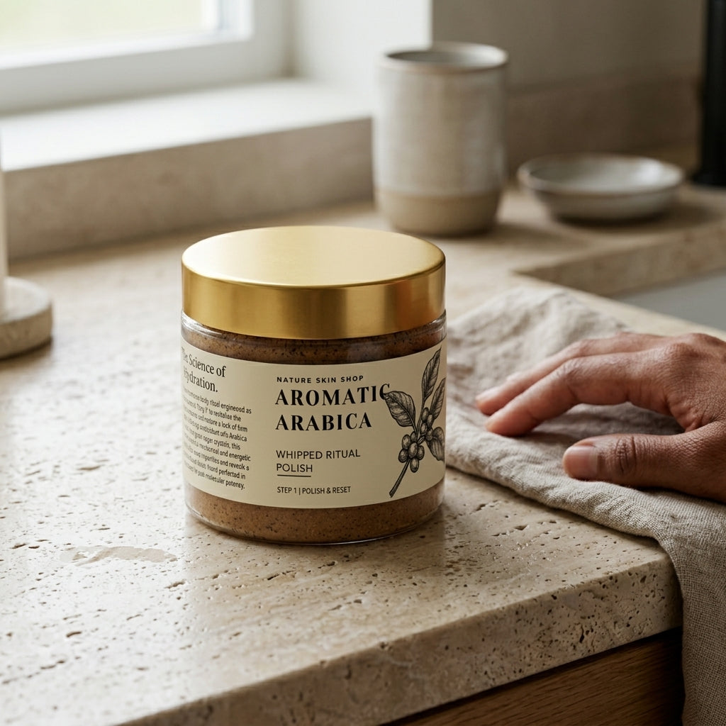 Jar of 'Aromatic Arabica' whipped ritual polish on a kitchen counter with a hand holding a cloth.