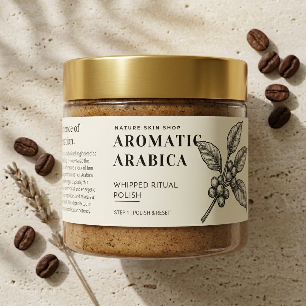 Jar of 'Aromatic Arabica' whipped ritual polish with coffee beans and a gold lid on a beige background.