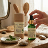 Collagen-based skincare products on a wooden surface with a hand holding a bottle.