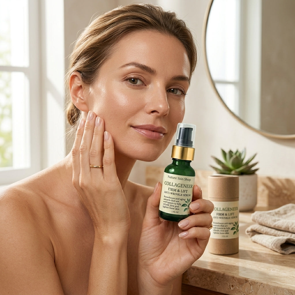 Woman holding a bottle of skincare serum with a blurred background