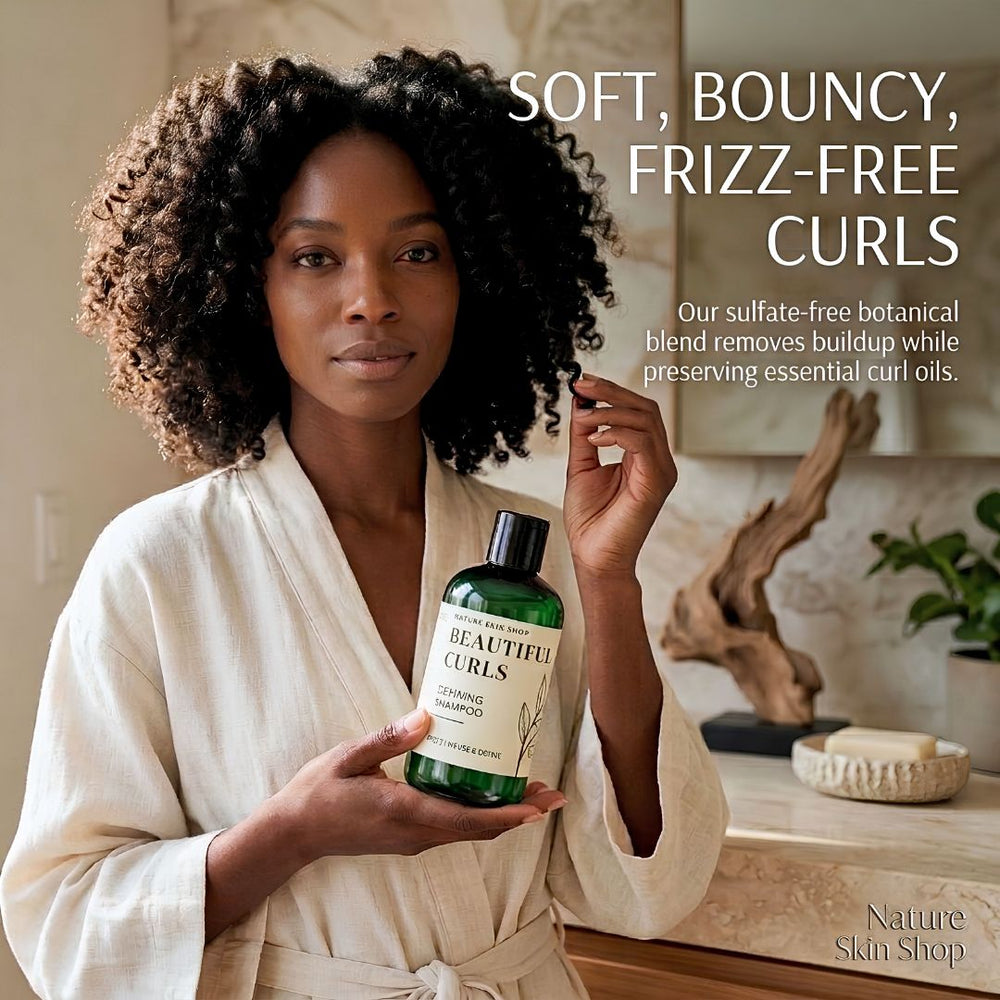 A woman in a cream robe holds a green bottle of Nature Skin Shop Beautiful Curls Co-washed Shampoo in a bathroom setting. Text on the image reads 'SOFT, BOUNCY, FRIZZ-FREE CURLS'.