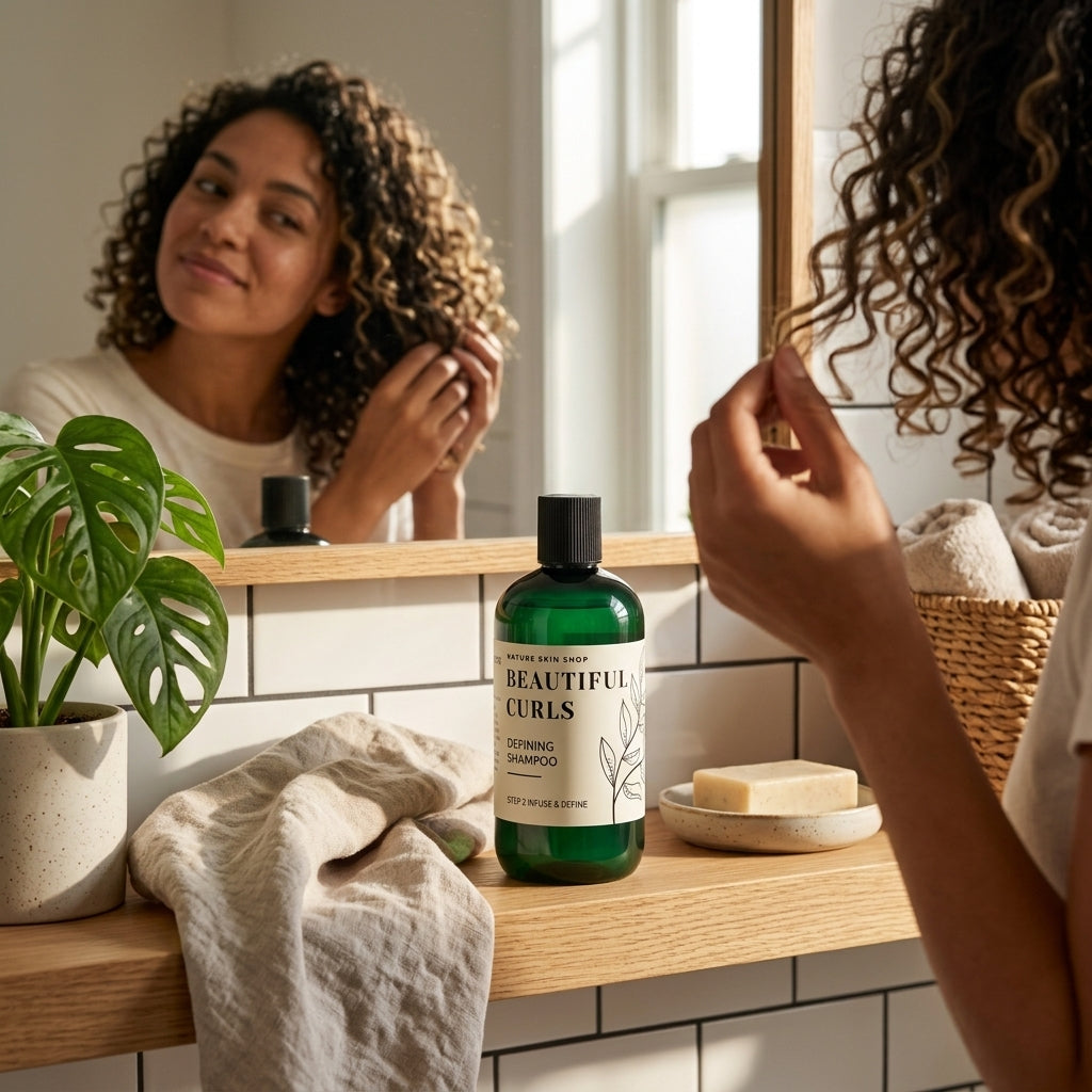 A woman with curly hair stands in front of a bathroom mirror, looking at her reflection while holding a section of her hair. A green bottle labeled 'BEAUTIFUL CURLS ORIGINAL SHAMPOO' sits on a wooden shelf beside a potted plant, a beige towel, and a basket of towels.