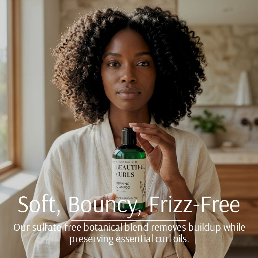Woman holding a bottle of 'Beautiful Curls' shampoo in a bathroom setting