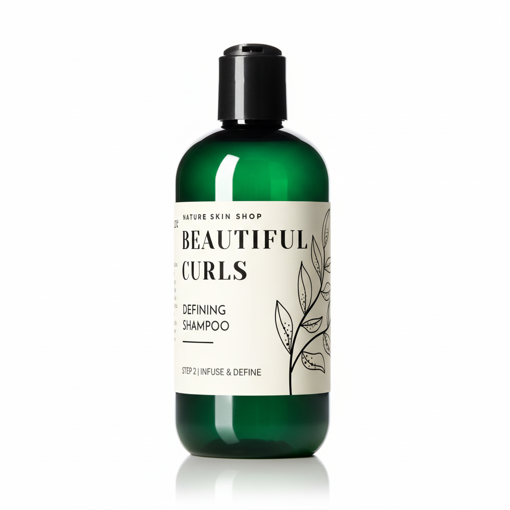 Green shampoo bottle with a label on a white background