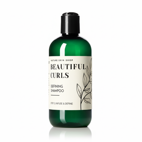 Green shampoo bottle with a label on a white background