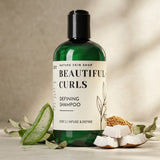 Bottle of 'Beautiful Curls' shampoo with natural ingredients on a neutral background