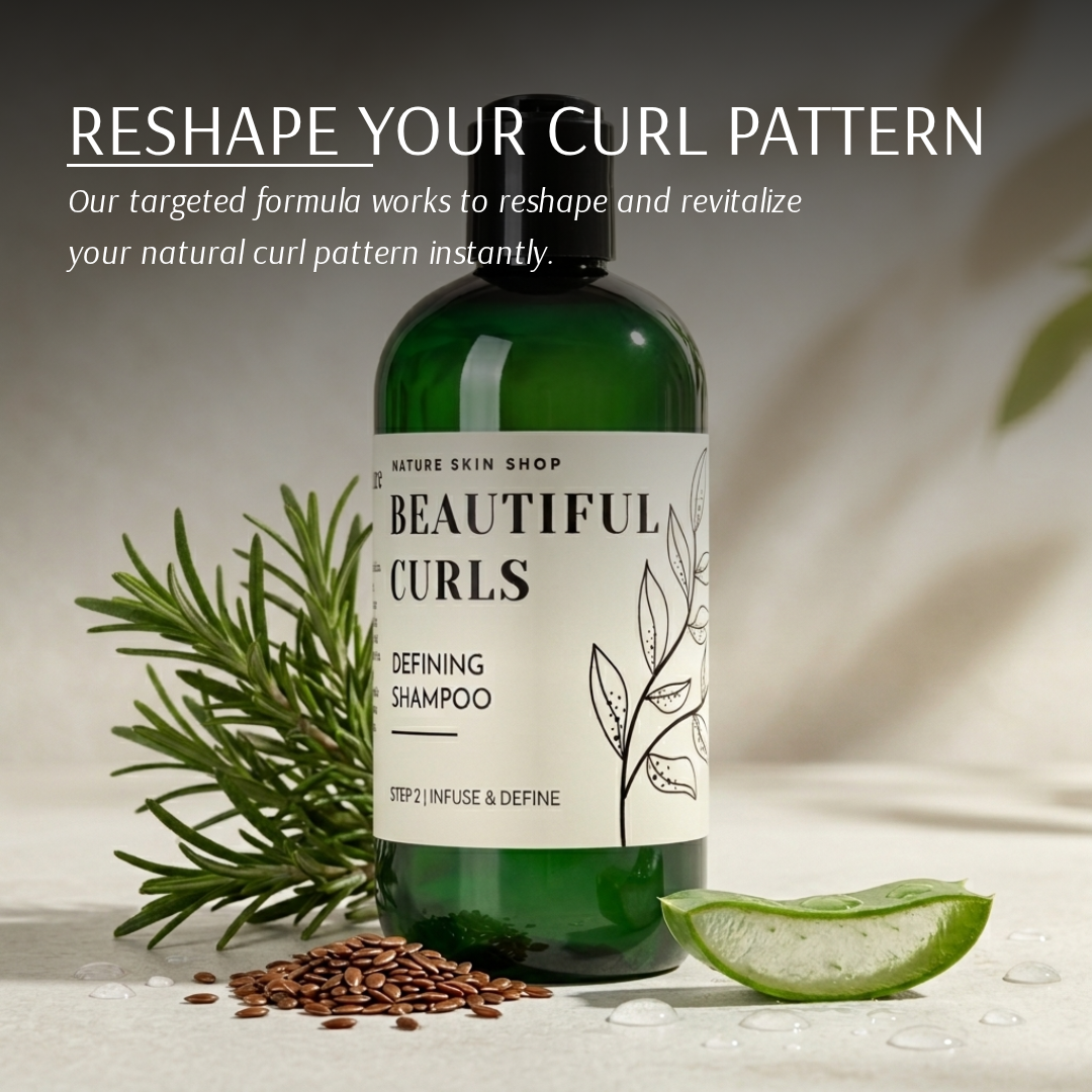 Bottle of 'Beautiful Curls' shampoo with natural ingredients on a neutral background