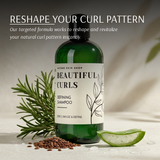 Bottle of 'Beautiful Curls' shampoo with natural ingredients on a neutral background