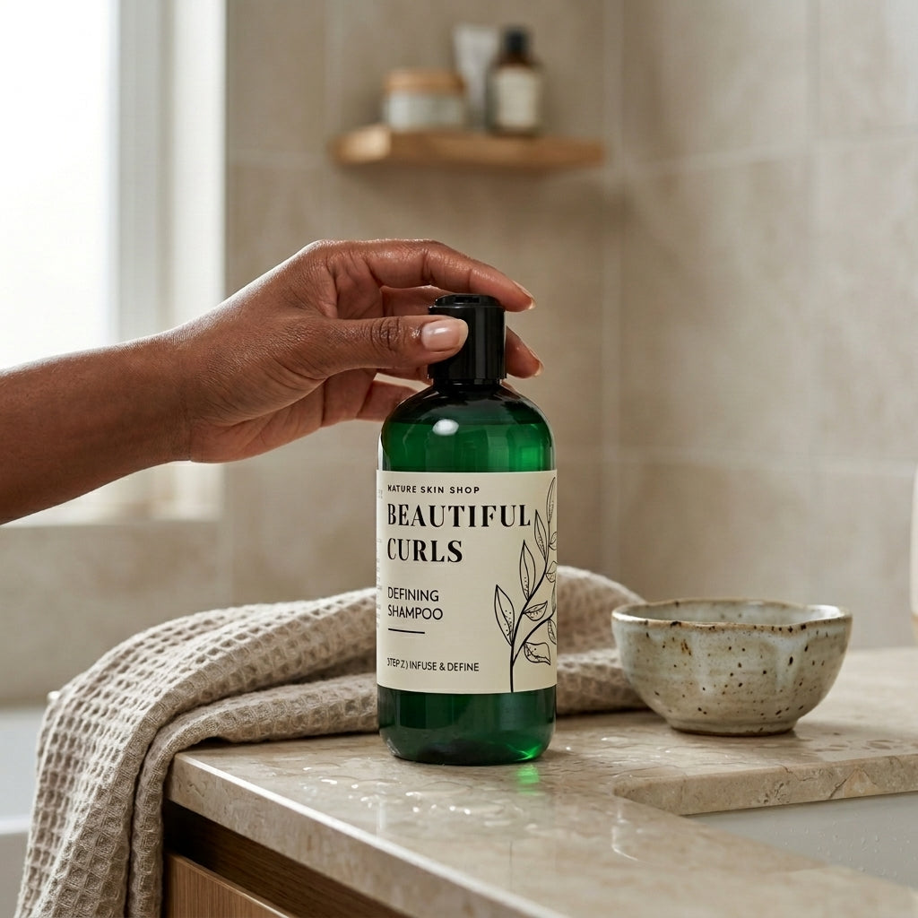 Hand holding a bottle of 'Beautiful Curls' shampoo on a bathroom counter.