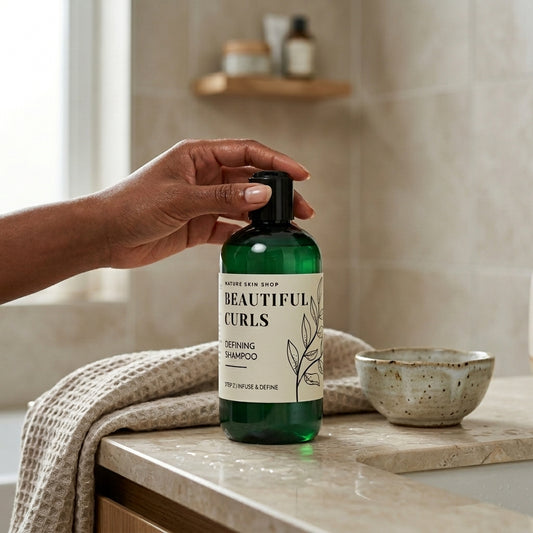 Hand holding a bottle of 'Beautiful Curls' shampoo on a bathroom counter.