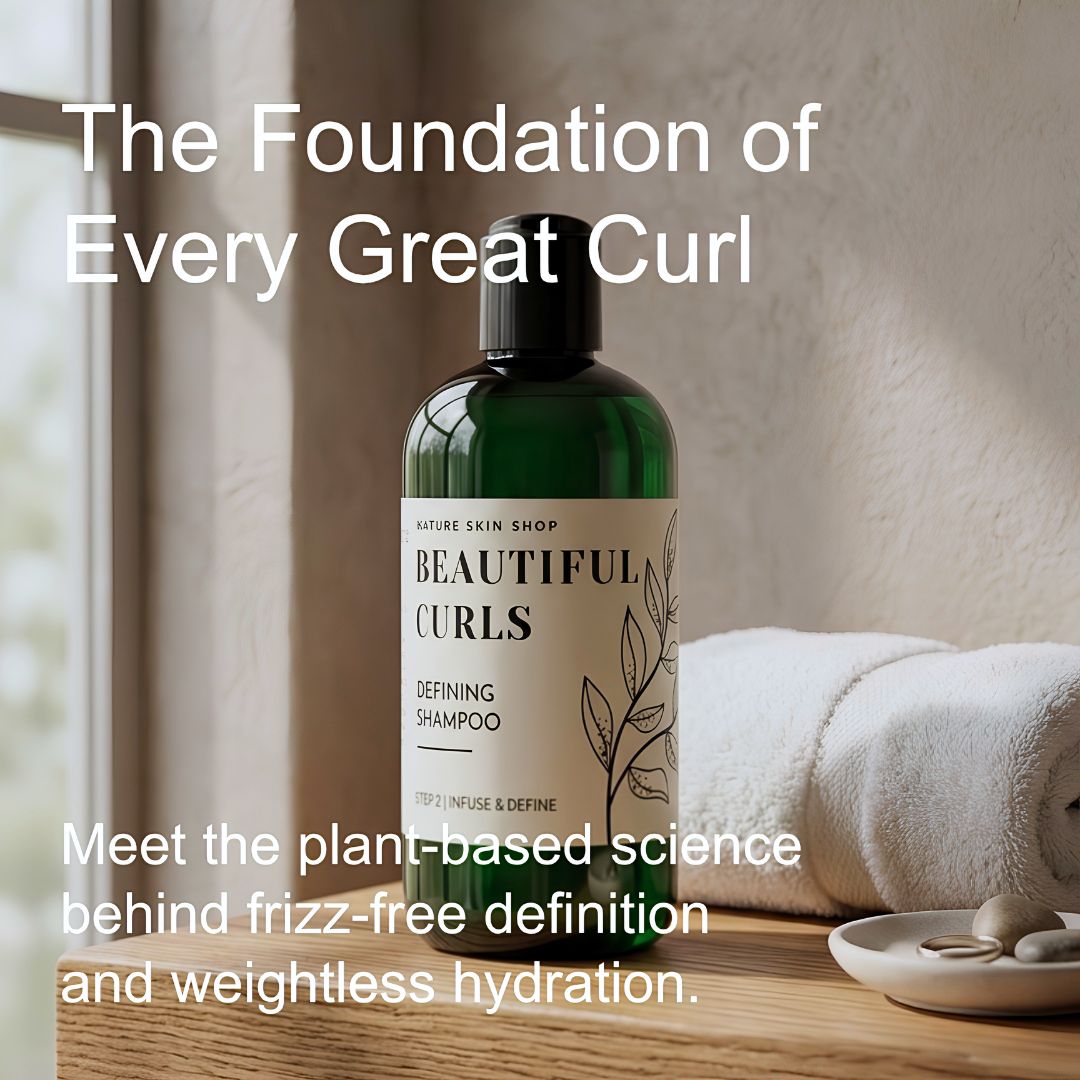 A green bottle of Beautiful Curls Defining Shampoo stands on a wooden surface in a softly lit bathroom-like setting, with a folded white towel and small dish in the background. Large overlaid text reads 'The Foundation of Every Great Curl' and 'Meet the plant-based science behind frizz-free definition and weightless hydration.
