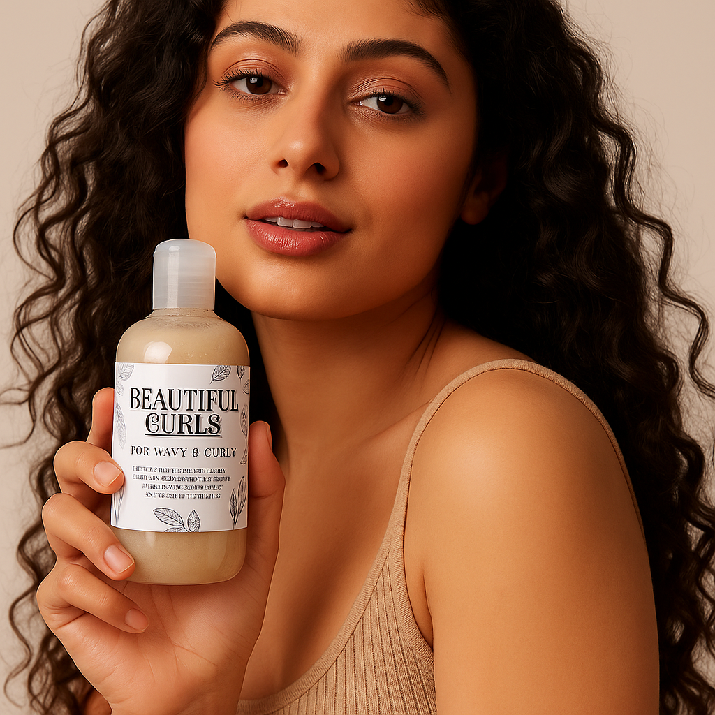 Woman holding a bottle of 'Beautiful Curls' product against a neutral background