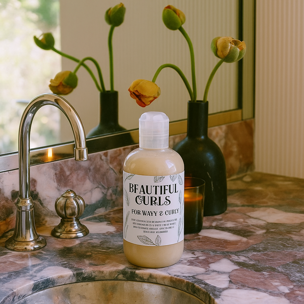 Bottle of 'Beautiful Curls' product on a bathroom counter with flowers and a mirror in the background.