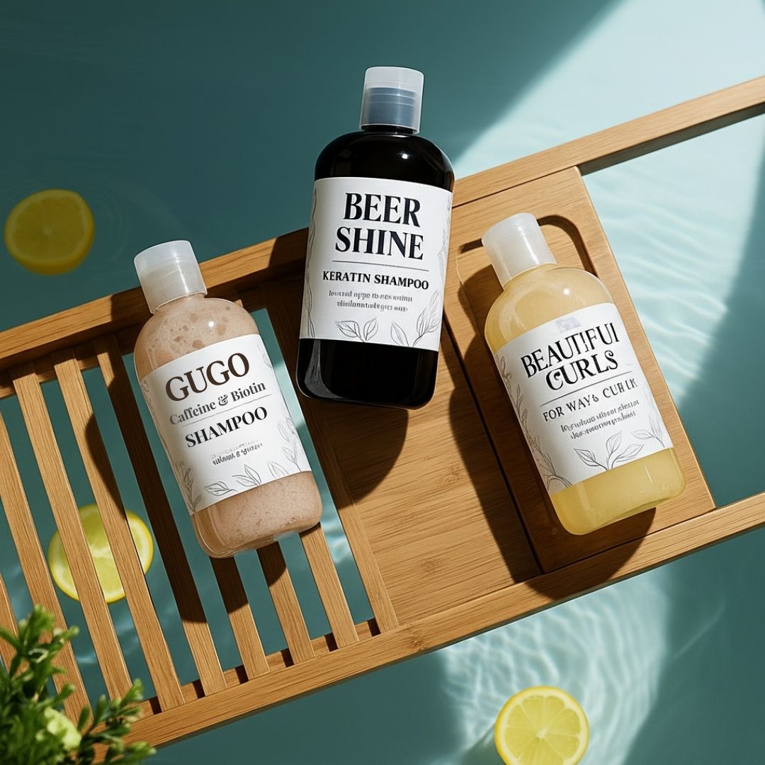 Three bottles of shampoo on a wooden surface with a green background