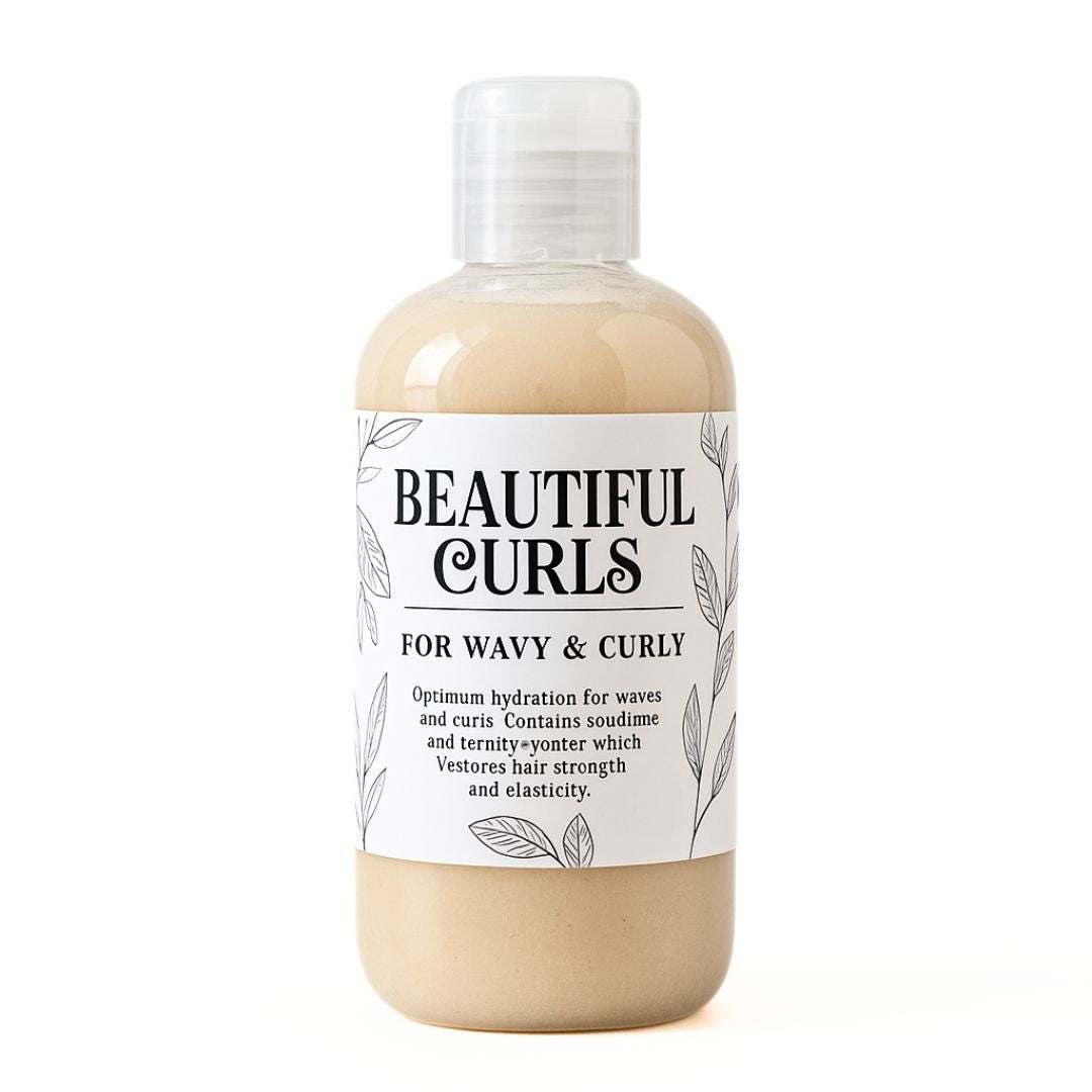 Bottle of 'Beautiful Curls' hair product on a white background