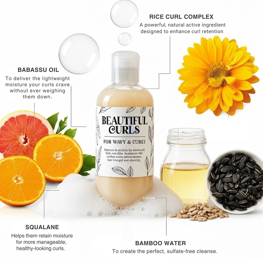 Product packaging for 'Beautiful Curls' with ingredients like Babassu oil, rice curl complex, and bamboo water.